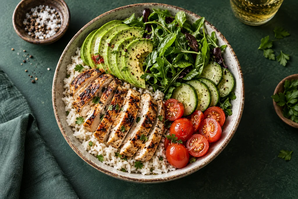 Grilled chicken, rice, avocado and fresh vegetables in a ceramic bowl