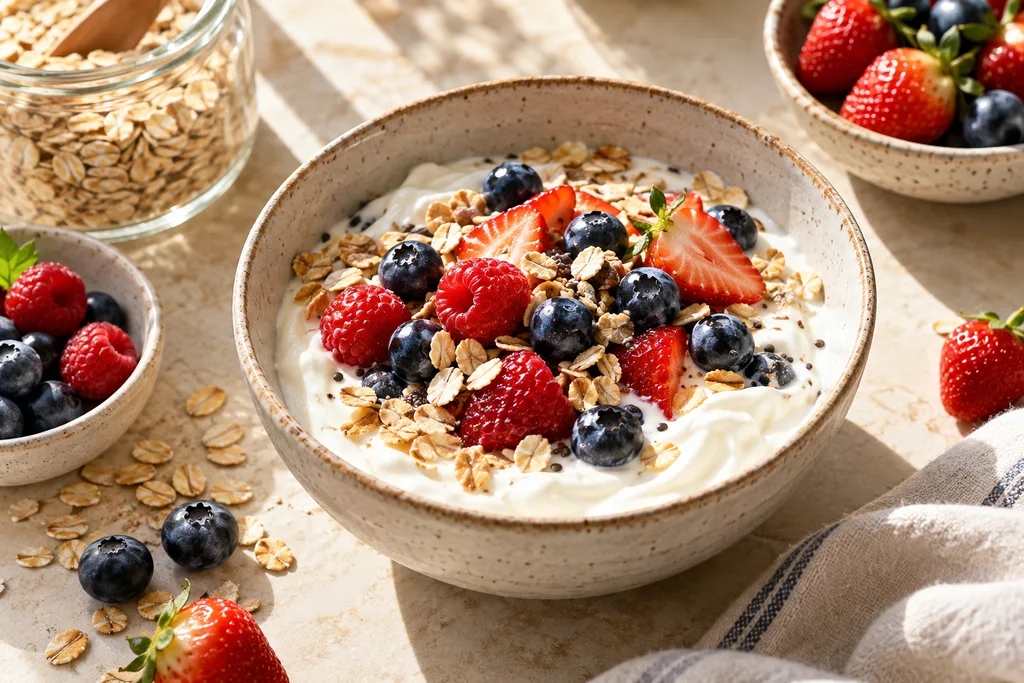 Greek yogurt with berries and oats, ready for breakfast